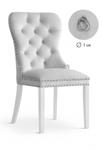 Chaise rembourrée avec tissu et pieds en bois Madame Velvet Argent / Blanc, l51xA63xH99 cm