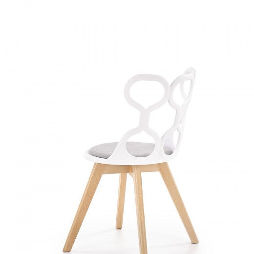 Chaise en plastique, avec assise rembourrée avec tissu et pieds en bois K308 Blanc / Gris / Naturel, l43xA50xH80 cm
