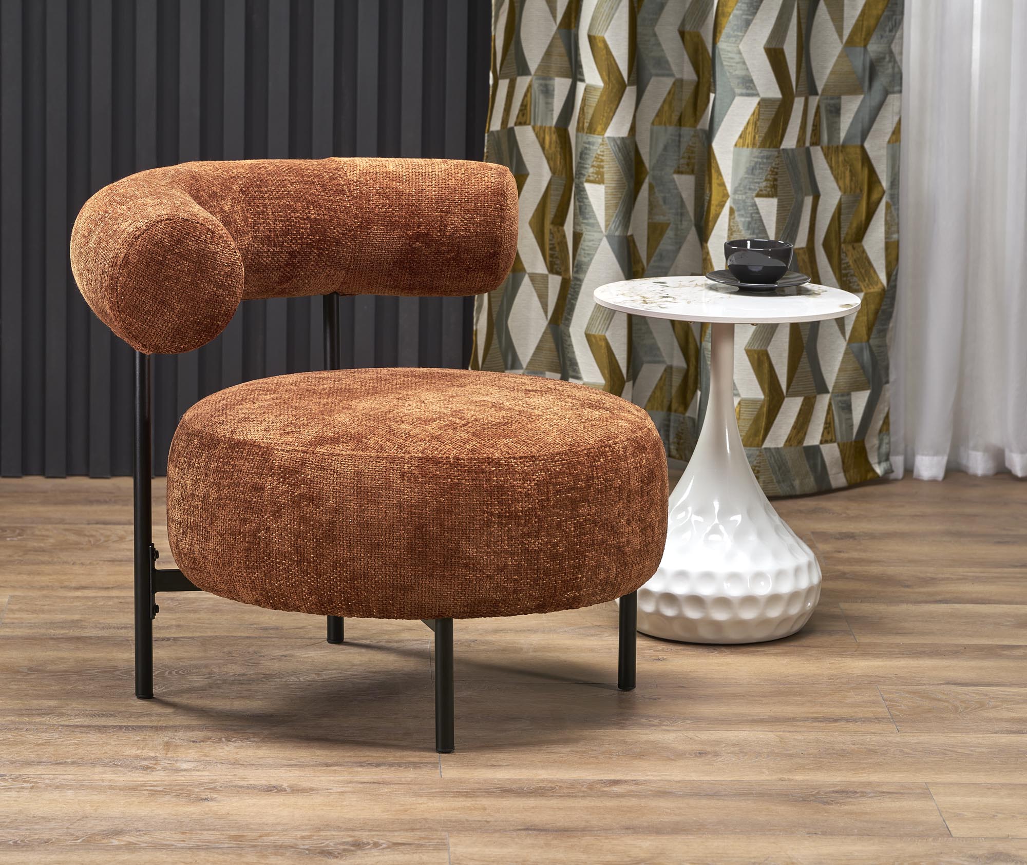 Fotoliu fix tapitat cu stofa, Hazard Ruginiu / Negru, l90xA82xH72 cm (3)