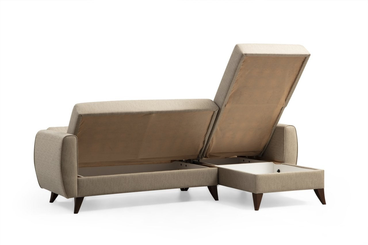 Coltar Extensibil Alkon Bej cu Lada de Depozitare, Sezlong pe Dreapta, tapitat cu Stofa, l223xA77xH86 cm (4)