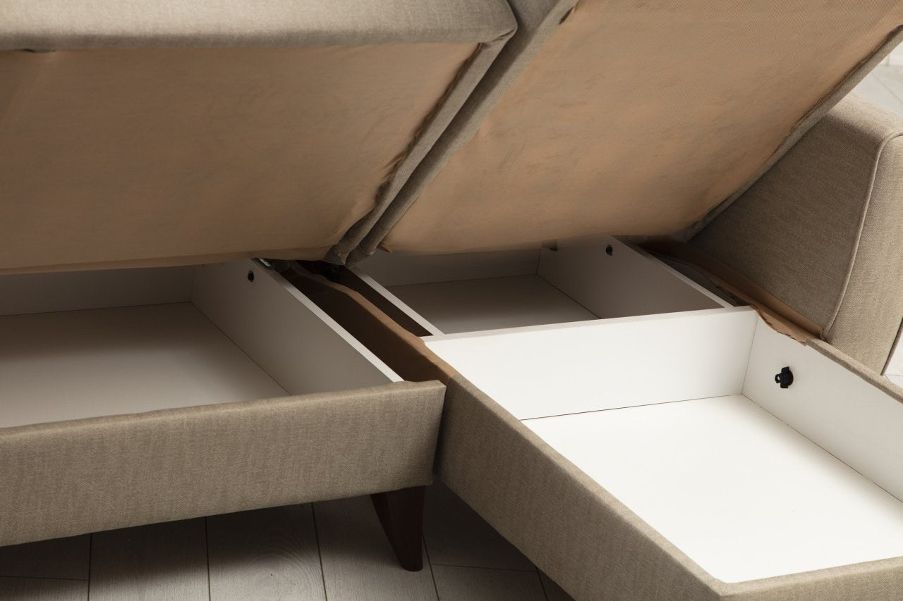 Coltar Extensibil Alkon Bej cu Lada de Depozitare, Sezlong pe Dreapta, tapitat cu Stofa, l223xA77xH86 cm (5)