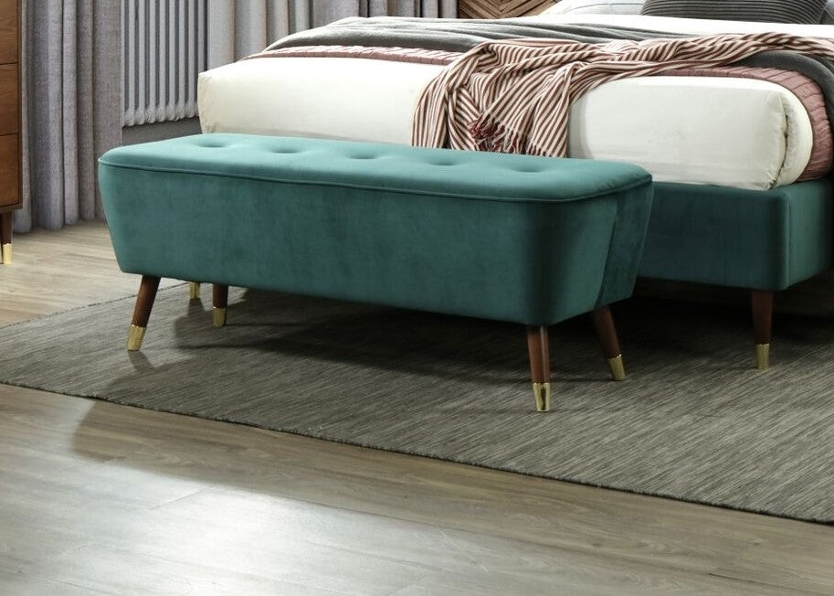 Banquette rembourrée avec pieds en tissu et bois de palmier, Velours Vert, l125xL47,5xH46,5 cm