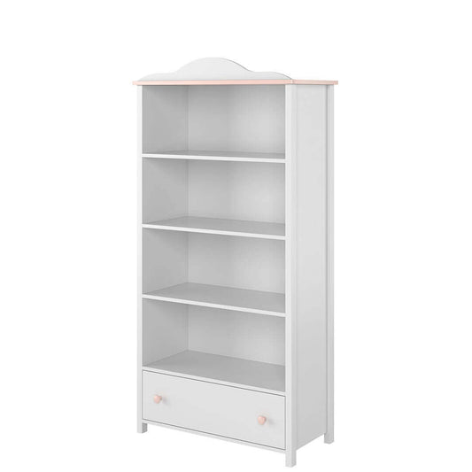 Bibliothèque en bois avec 1 tiroir, pour enfants et jeunes, Luna 02, Blanc / Rose, L85xW42xH171 cm