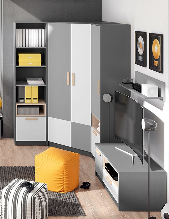 Bibliothèque en bois avec 1 tiroir, pour enfants et adolescents, Pok 04, Gris/Blanc/Graphite, L50xl40xH193 cm