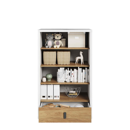 Bibliothèque en bois avec 1 tiroir, pour enfants et jeunes, Simi 10, Naturel / Blanc, L85xW41xH141 cm