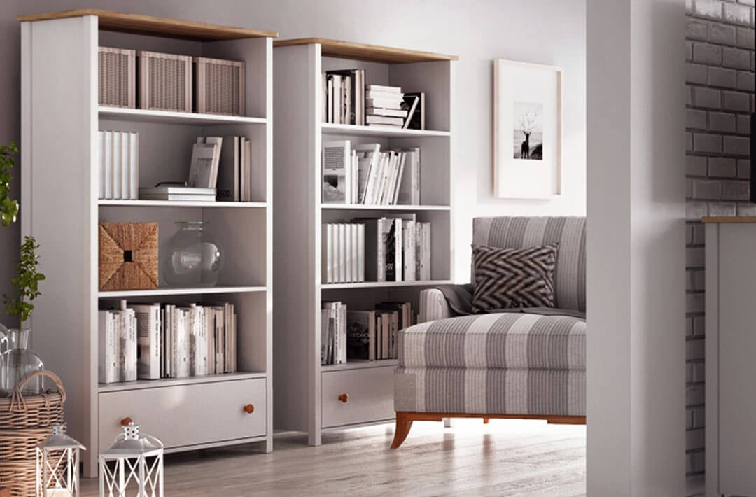 Bibliothèque en bois avec 1 tiroir, pour enfants et jeunes, Story 02, Blanc / Chêne, L85xW42xH161 cm