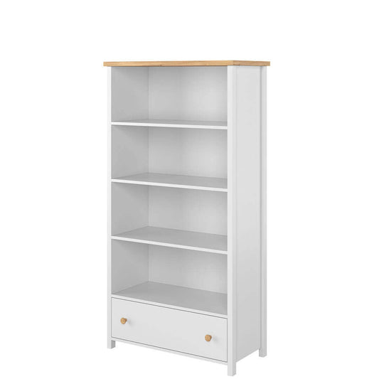 Bibliothèque en bois avec 1 tiroir, pour enfants et jeunes, Story 02, Blanc / Chêne, L85xW42xH161 cm