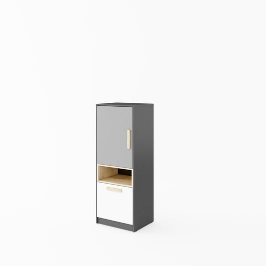 Bibliothèque en bois avec 1 porte et 1 tiroir, pour enfants et adolescents, Pok 07, Gris/Blanc/Graphite, L50xl40xH130 cm