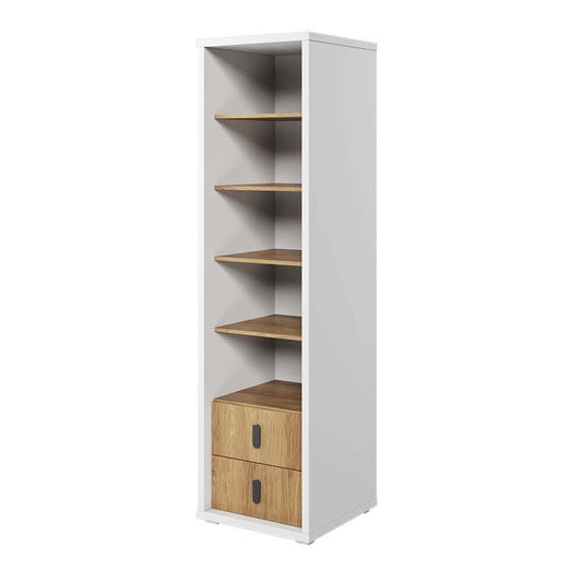 Bibliothèque en bois avec 2 tiroirs, pour enfants et jeunes, Simi 03, Naturel / Blanc, L55xW55xH200 cm