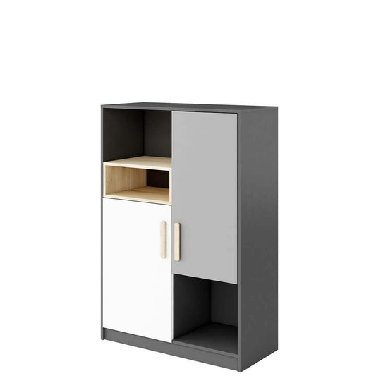 Bibliothèque en bois avec 2 portes, pour enfants et adolescents, Pok 06, Gris/Blanc/Graphite, L90xl40xH130 cm