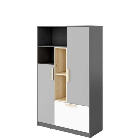 Bibliothèque en bois avec 2 portes et 1 tiroir, pour enfants et adolescents, Pok 05, Gris/Blanc/Graphite, L100xl40xH163 cm