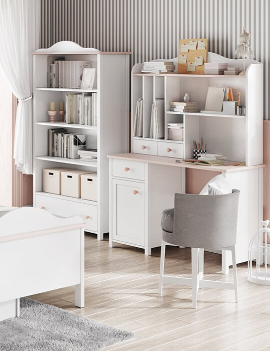 Bibliothèque suspendue en bois, avec 2 tiroirs, pour enfants et jeunes, Luna 04, Blanc/Rose, L107xP20xH85 cm