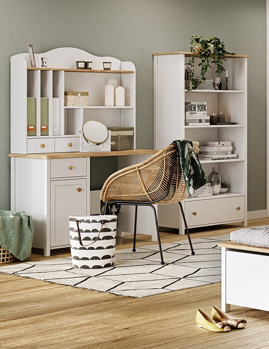 Bibliothèque suspendue en bois, avec 2 tiroirs, pour enfants et jeunes, Story 04, Blanc/Chêne, L107xP20xH85 cm