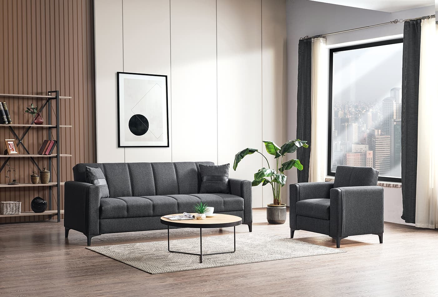 Canapea Extensibila, 3 Locuri, cu Lada de Depozitare, Suprafata de Dormit 190x102 cm, tapitata cu Stofa, Moda K1 Gri Inchis, l217xA82xH85 cm (1)