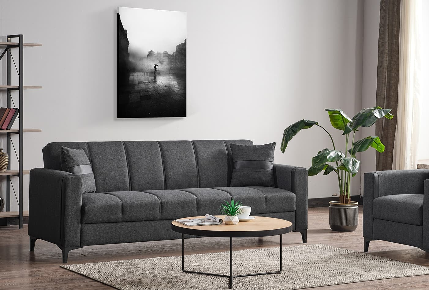 Canapea Extensibila, 3 Locuri, cu Lada de Depozitare, Suprafata de Dormit 190x102 cm, tapitata cu Stofa, Moda K1 Gri Inchis, l217xA82xH85 cm (4)