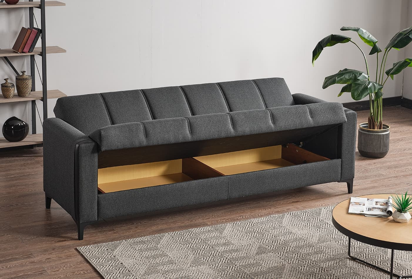 Canapea Extensibila, 3 Locuri, cu Lada de Depozitare, Suprafata de Dormit 190x102 cm, tapitata cu Stofa, Moda K1 Gri Inchis, l217xA82xH85 cm (2)