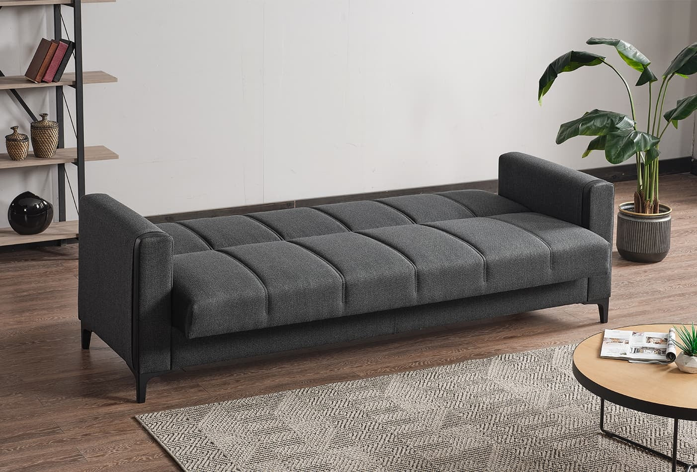 Canapea Extensibila, 3 Locuri, cu Lada de Depozitare, Suprafata de Dormit 190x102 cm, tapitata cu Stofa, Moda K1 Gri Inchis, l217xA82xH85 cm (3)