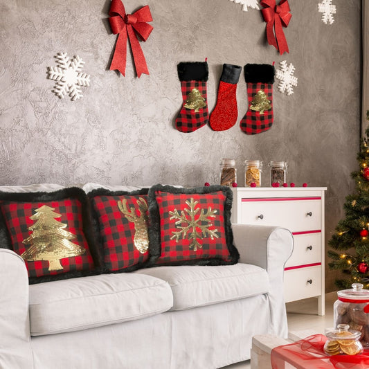 Chaussons décoratifs pour Noël, Abbie Rouge / Noir / Or, H50 cm