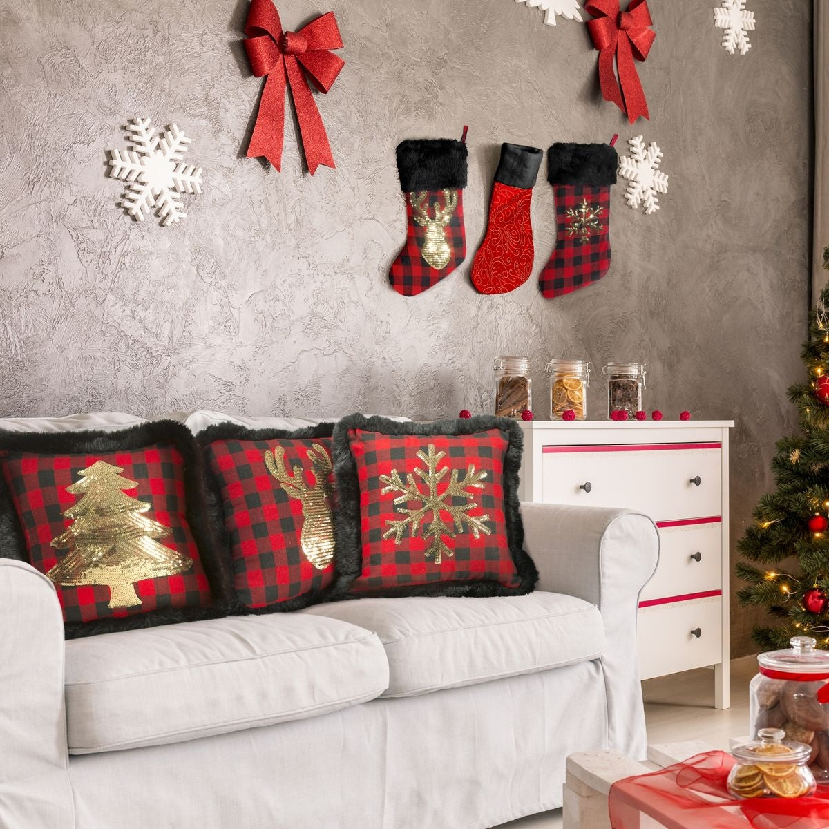 Chaussons décoratifs pour Noël, Moris, Rouge / Noir / Or, H50 cm