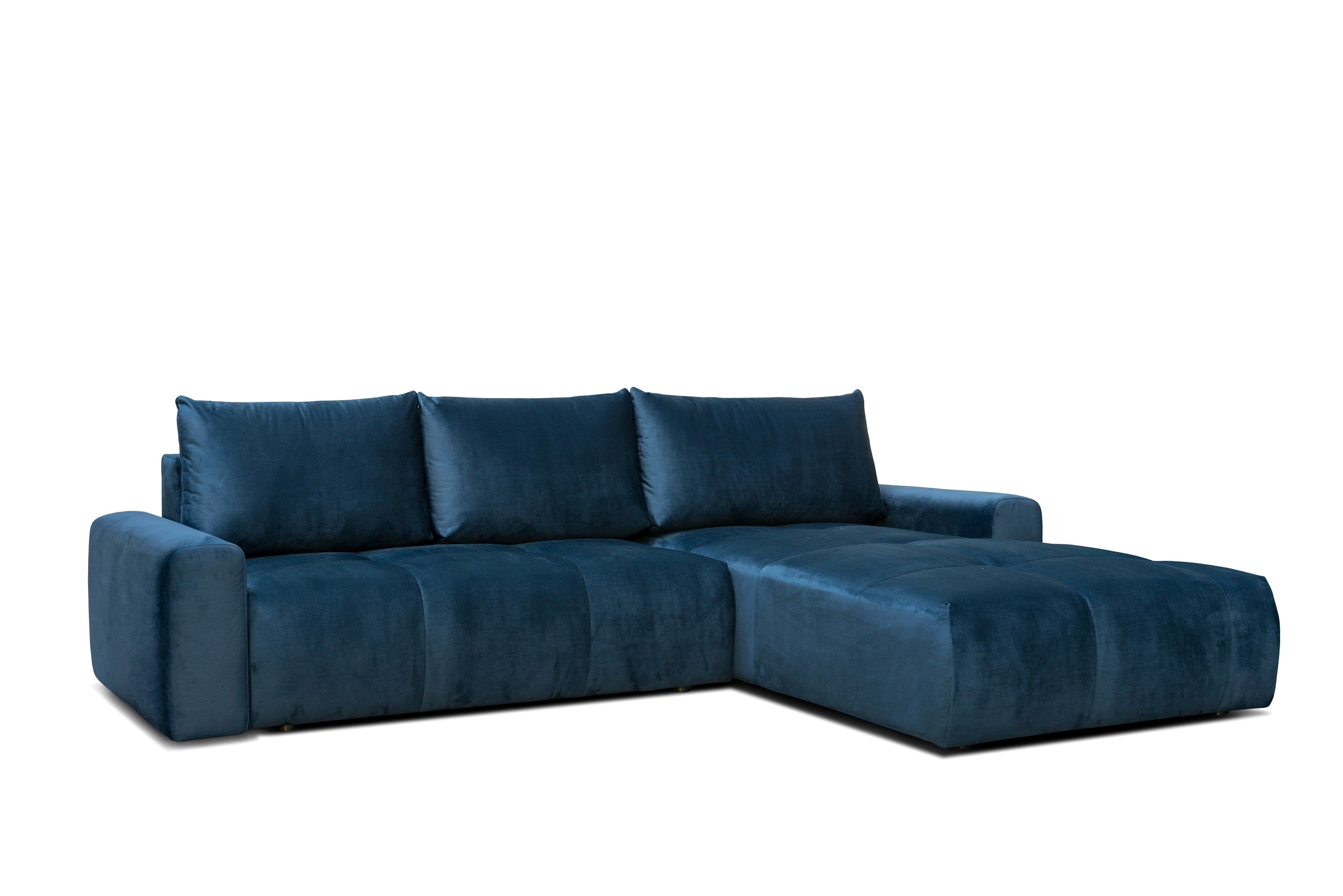 Atlas d'angle extensible en velours bleu marine, méridienne à droite, avec boîte de rangement, tapissée de tissu, coussins inclus, L304xL216xH92 cm