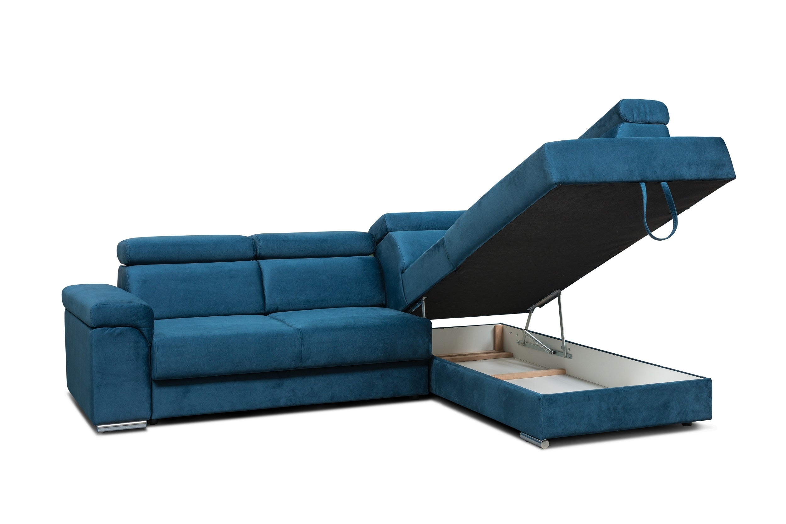 Carlitos L d'angle extensible en velours bleu marine, méridienne à droite, avec boîte de rangement, tapissée de tissu, appuie-tête réglables, L268xL206xH83 cm