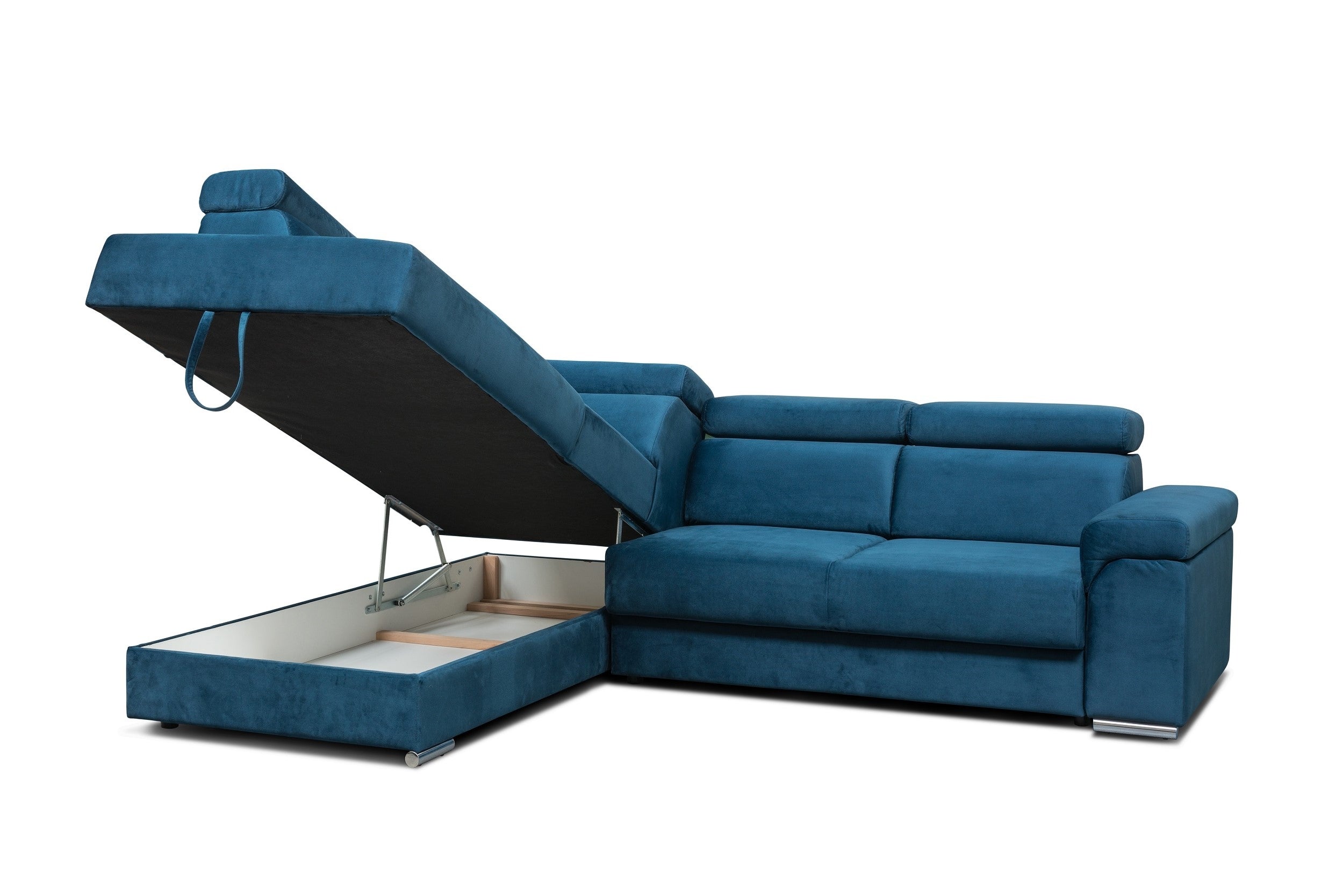 Carlitos L d'angle extensible en velours bleu marine, méridienne à gauche, avec boîte de rangement, tapissée de tissu, appuie-tête réglables, L268xL206xH83 cm