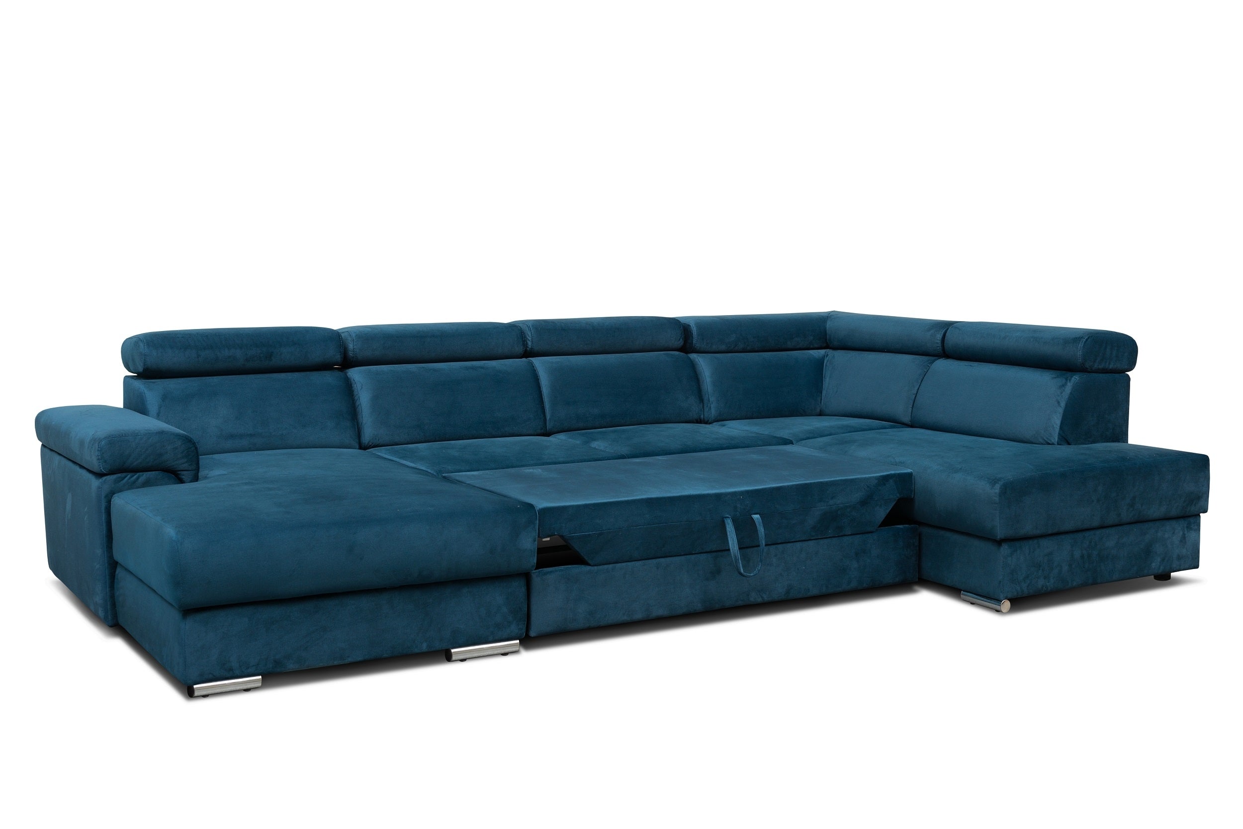 Carlitos U Velvet Bleu Marine d'Angle Extensible, Méridienne à Droite, avec Boîte de Rangement, Rembourrée en Tissu, Appuie-tête Réglables, L340xL206xH83 cm