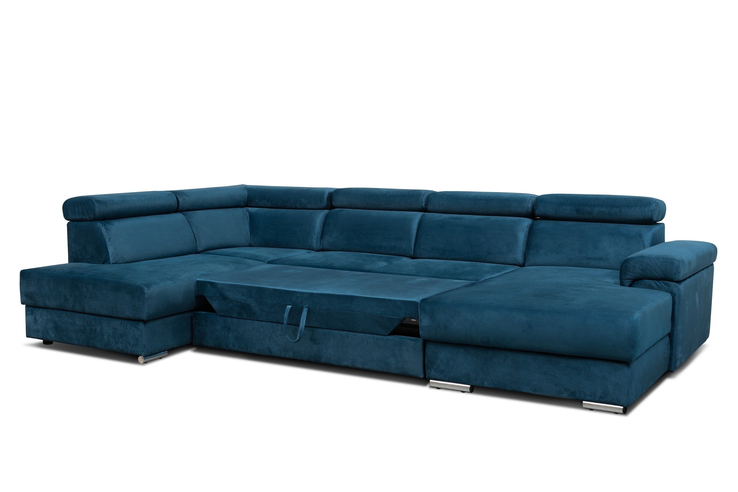 Carlitos U Velvet Bleu Marine d'Angle Extensible, Méridienne à Gauche, avec Boîte de Rangement, Rembourrée en Tissu, Appuie-tête Réglables, L340xL206xH83 cm