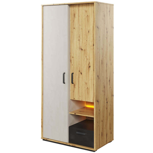 Armoire en bois clair avec 2 portes, 1 tiroir et LED inclus, pour enfants et adolescents, Qubic 03 Medium, Chêne Artisan / Gris / Noir, L90xW52xH195 cm