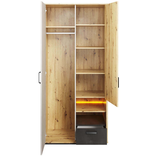 Armoire en bois clair avec 2 portes, 1 tiroir et LED inclus, pour enfants et adolescents, Qubic 03 Medium, Chêne Artisan / Gris / Noir, L90xW52xH195 cm