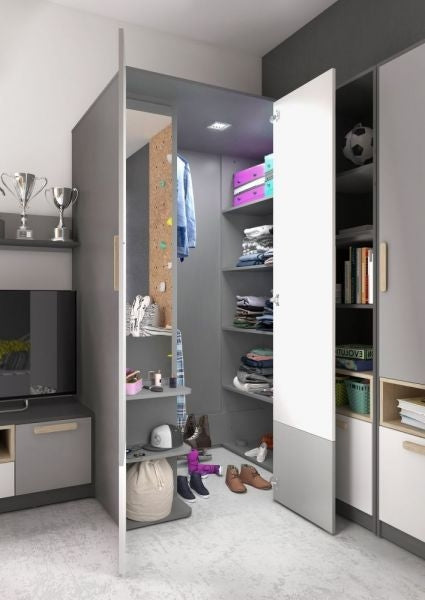 Armoire Pok 00L Gris/Blanc/Graphite, avec 2 Portes à Gauche, de Pal, avec 6 Étagères, 2 Rails, Miroir et LED Inclus, pour Enfants/Jeunes, L130xL93xH193 cm