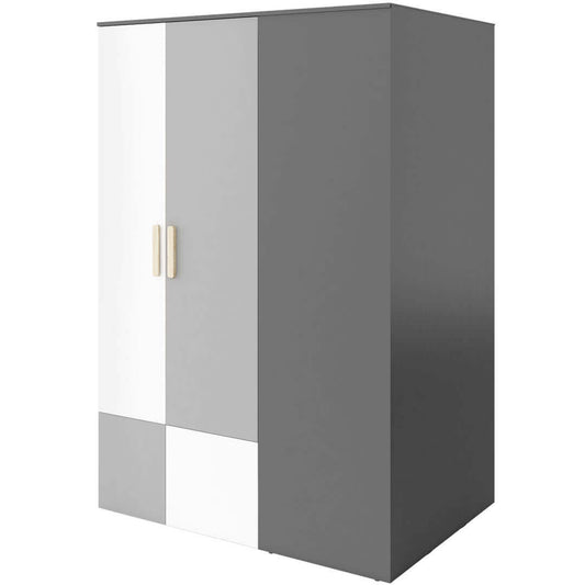 Armoire Pok 00L Gris/Blanc/Graphite, avec 2 Portes à Gauche, de Pal, avec 6 Étagères, 2 Rails, Miroir et LED Inclus, pour Enfants/Jeunes, L130xL93xH193 cm