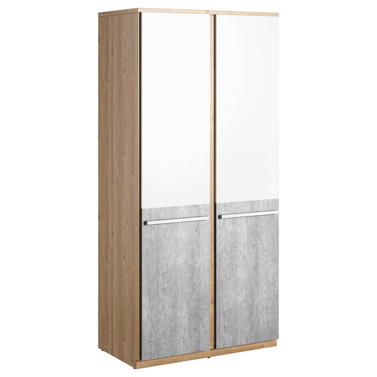 Armoire en bois clair avec 2 portes, pour enfants et jeunes, Plano 02, Chêne/Gris/Blanc, L90xW51xH191 cm