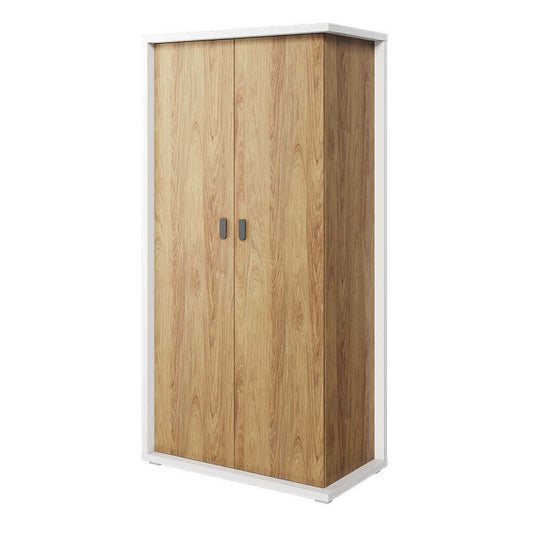 Armoire en bois clair avec 2 portes, pour enfants et jeunes, Simi 02, Naturel / Blanc, L100xW55xH200 cm