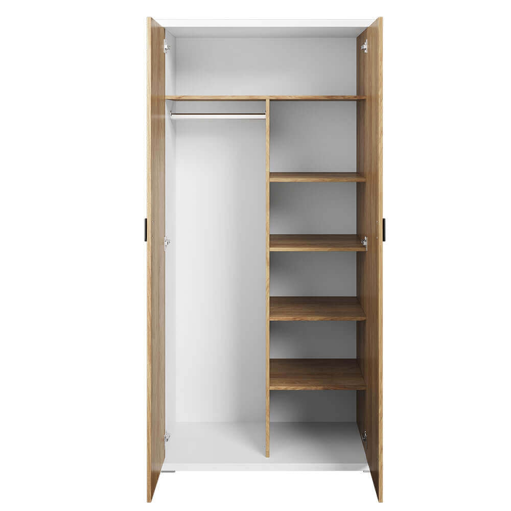 Armoire en bois clair avec 2 portes, pour enfants et jeunes, Simi 02, Naturel / Blanc, L100xW55xH200 cm