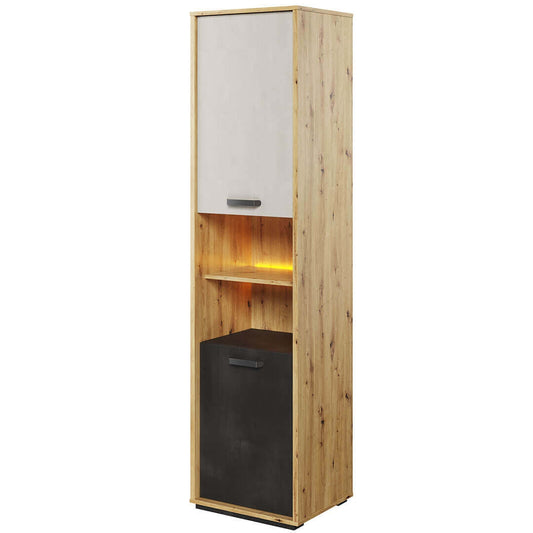 Armoire en bois clair avec 2 portes et LED incluses, pour enfants et adolescents, Qubic 04 Small, Chêne Artisan / Gris / Noir, L50xW42xH195 cm