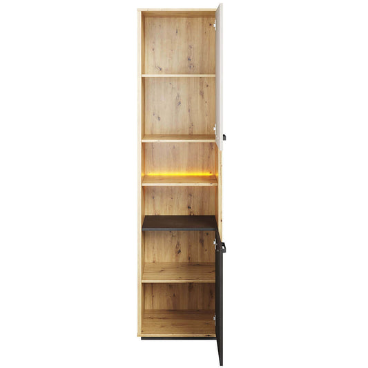 Armoire en bois clair avec 2 portes et LED incluses, pour enfants et adolescents, Qubic 04 Small, Chêne Artisan / Gris / Noir, L50xW42xH195 cm