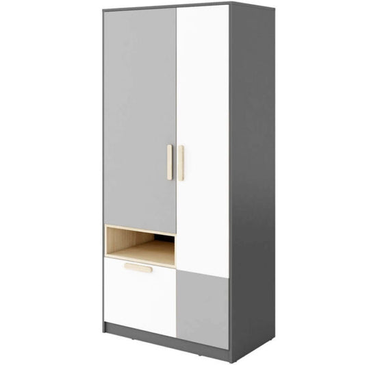 Armoire en bois clair avec 2 portes et 1 tiroir, pour enfants et jeunes, Pok 02 Gris / Blanc / Graphite, L90xW50xH193 cm