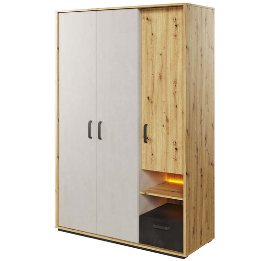 Armoire en bois clair avec 3 portes, 1 tiroir et LED incluses, pour enfants et adolescents, Qubic 02 Large, Chêne Artisan / Gris / Noir, L130xL52xH195 cm