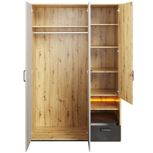 Armoire en bois clair avec 3 portes, 1 tiroir et LED incluses, pour enfants et adolescents, Qubic 02 Large, Chêne Artisan / Gris / Noir, L130xL52xH195 cm