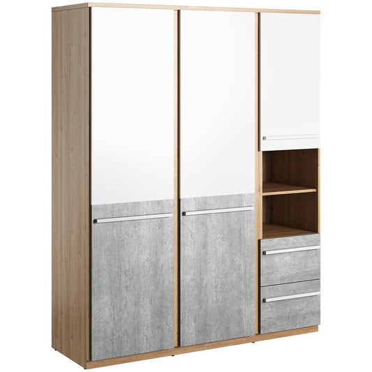 Armoire en bois clair avec 3 portes et 2 tiroirs, pour enfants et adolescents, Plano 01, Chêne/Gris/Blanc, L150xl51xH191 cm