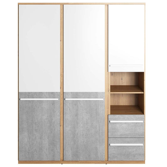 Armoire en bois clair avec 3 portes et 2 tiroirs, pour enfants et adolescents, Plano 01, Chêne/Gris/Blanc, L150xl51xH191 cm