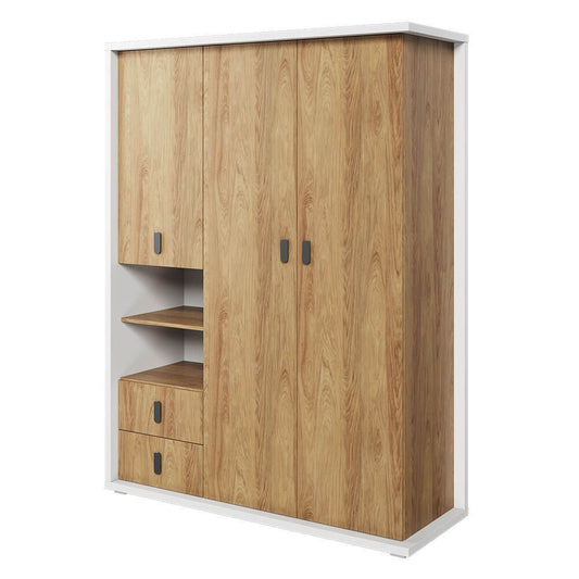 Armoire en bois clair avec 3 portes et 2 tiroirs, pour enfants et jeunes, Simi 01, Naturel / Blanc, L150xW55xH200 cm