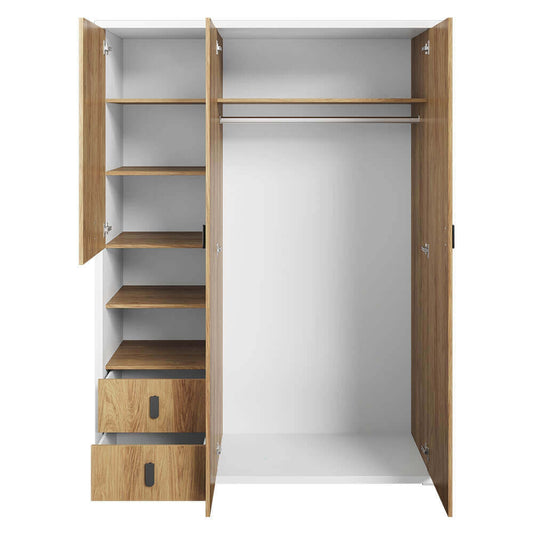 Armoire en bois clair avec 3 portes et 2 tiroirs, pour enfants et jeunes, Simi 01, Naturel / Blanc, L150xW55xH200 cm
