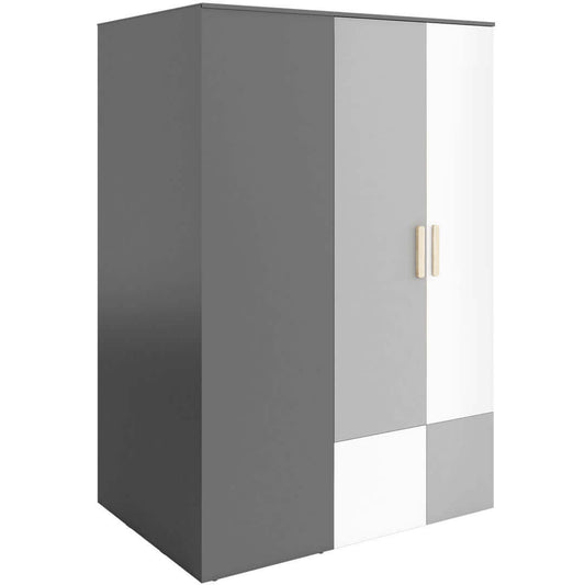 Armoire Pok 00P Gris/Blanc/Graphite, avec 2 portes à droite, en bois, avec 6 étagères, 2 rails, miroir et LED inclus, pour enfants/adolescents, l130xL93xH193 cm