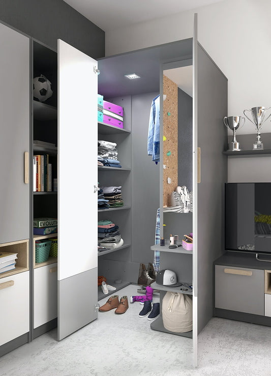 Armoire Pok 00P Gris/Blanc/Graphite, avec 2 portes à droite, en bois, avec 6 étagères, 2 rails, miroir et LED inclus, pour enfants/adolescents, l130xL93xH193 cm