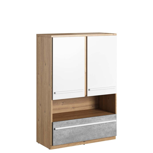 Petite armoire en bois, avec 2 portes et 1 tiroir pour enfants et jeunes, Plano 04, Chêne / Gris / Blanc, L90xW41xH131 cm