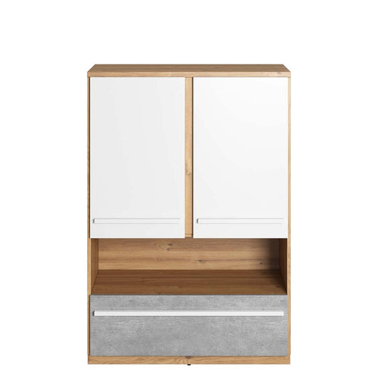 Petite armoire en bois, avec 2 portes et 1 tiroir pour enfants et jeunes, Plano 04, Chêne / Gris / Blanc, L90xW41xH131 cm