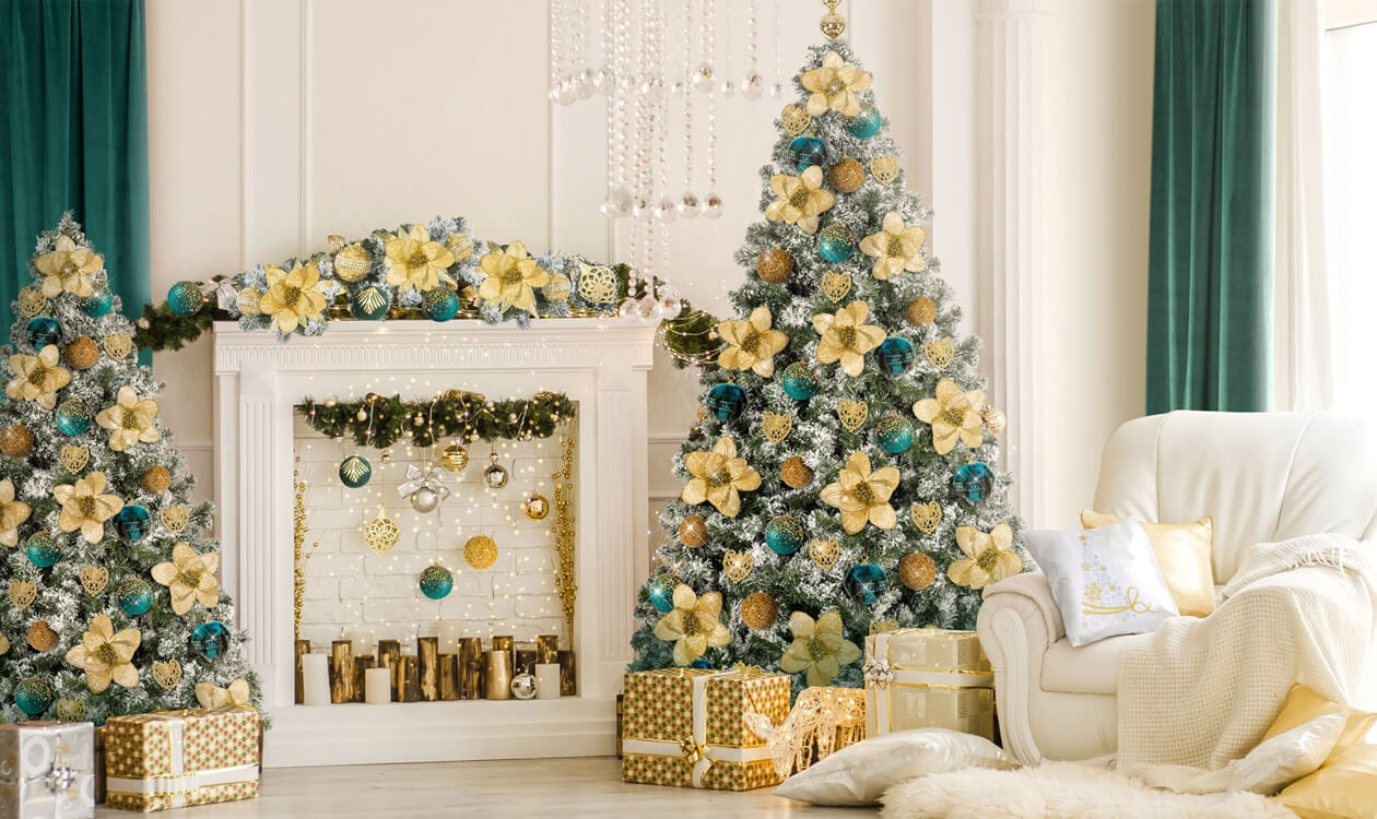 Set de 4 globes pour le sapin de Noël, en plastique Bombe Turquoise/Or, Ø10 cm