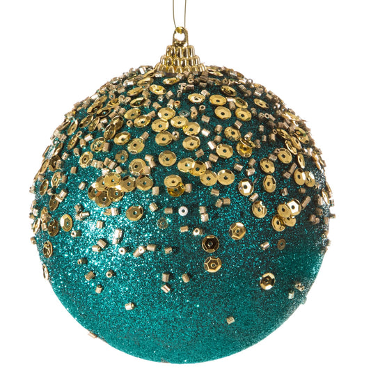 Set de 4 globes pour le sapin de Noël, en plastique Bombe Turquoise/Or, Ø10 cm